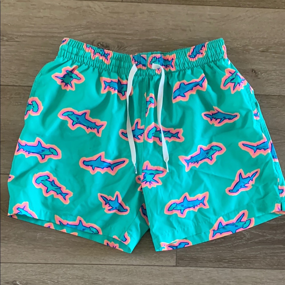 Chubbies Green and Pink Board Shorts with Shark Pattern